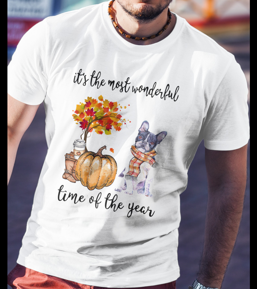 Its The Most Wonderful Time Of The Year Boston Terrier Autumn Pumpkin Leaves Coffee T-Shirt