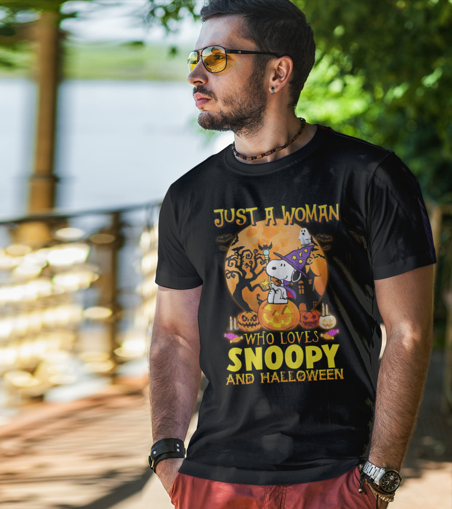Just A Woman Who Loves Snoopy And Halloween T-Shirt