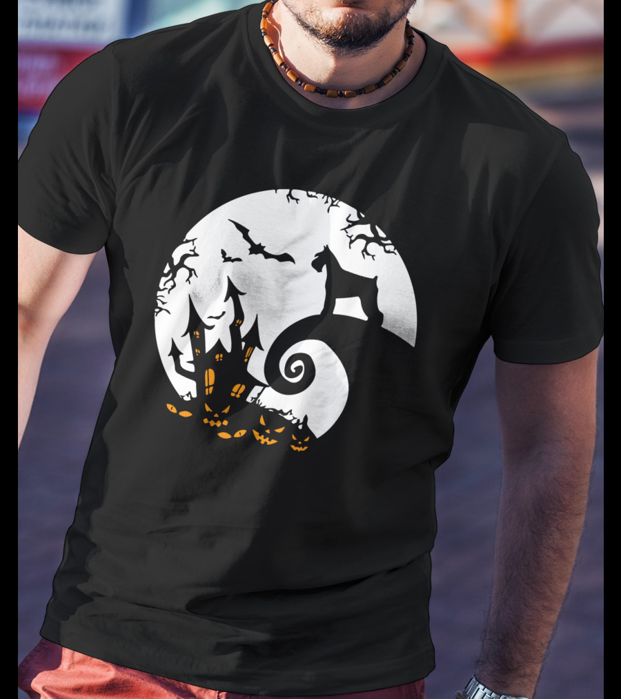 Funny Miniature Schnauzer And Moon Jack-O'-Lantern Halloween Night T-Shirt