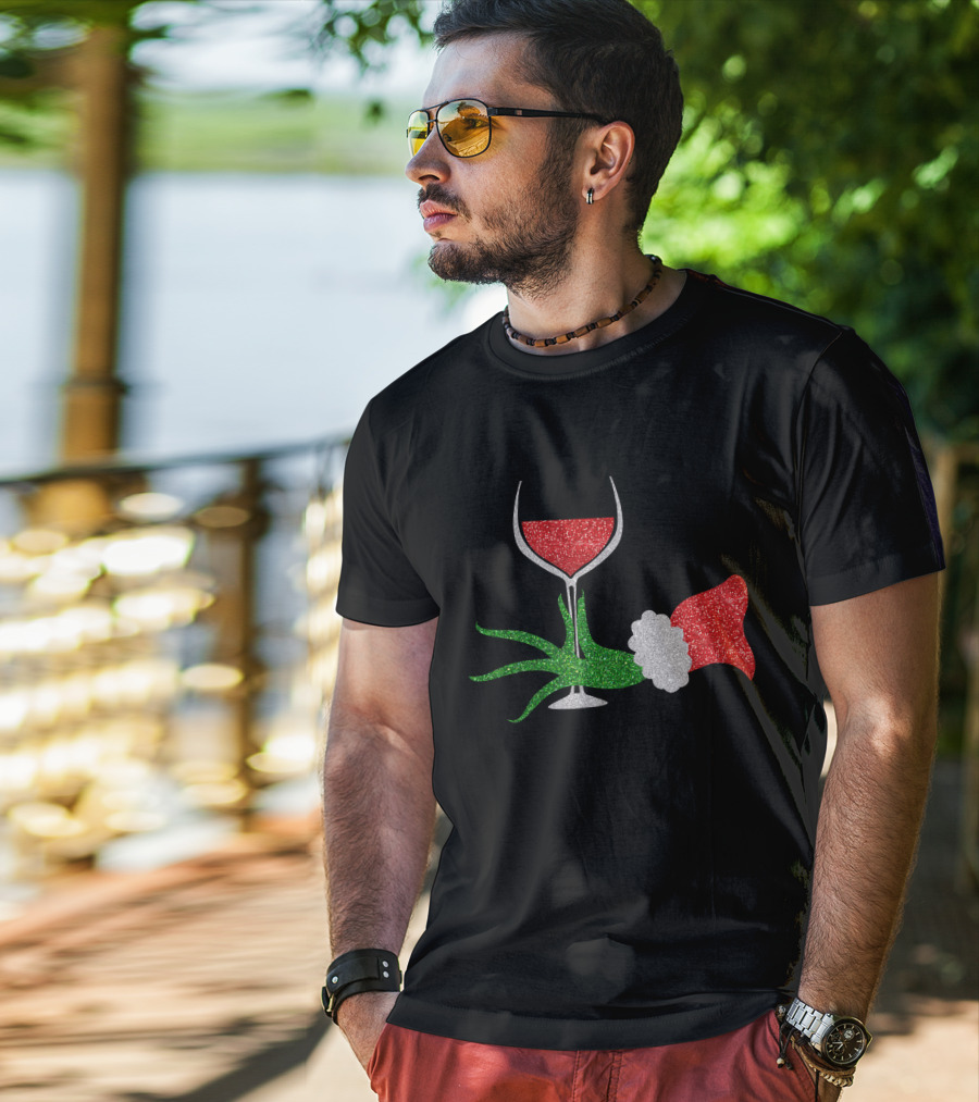 Grinch Hand Santa Hat Wine Glass Red Green Sparkle T-Shirt
