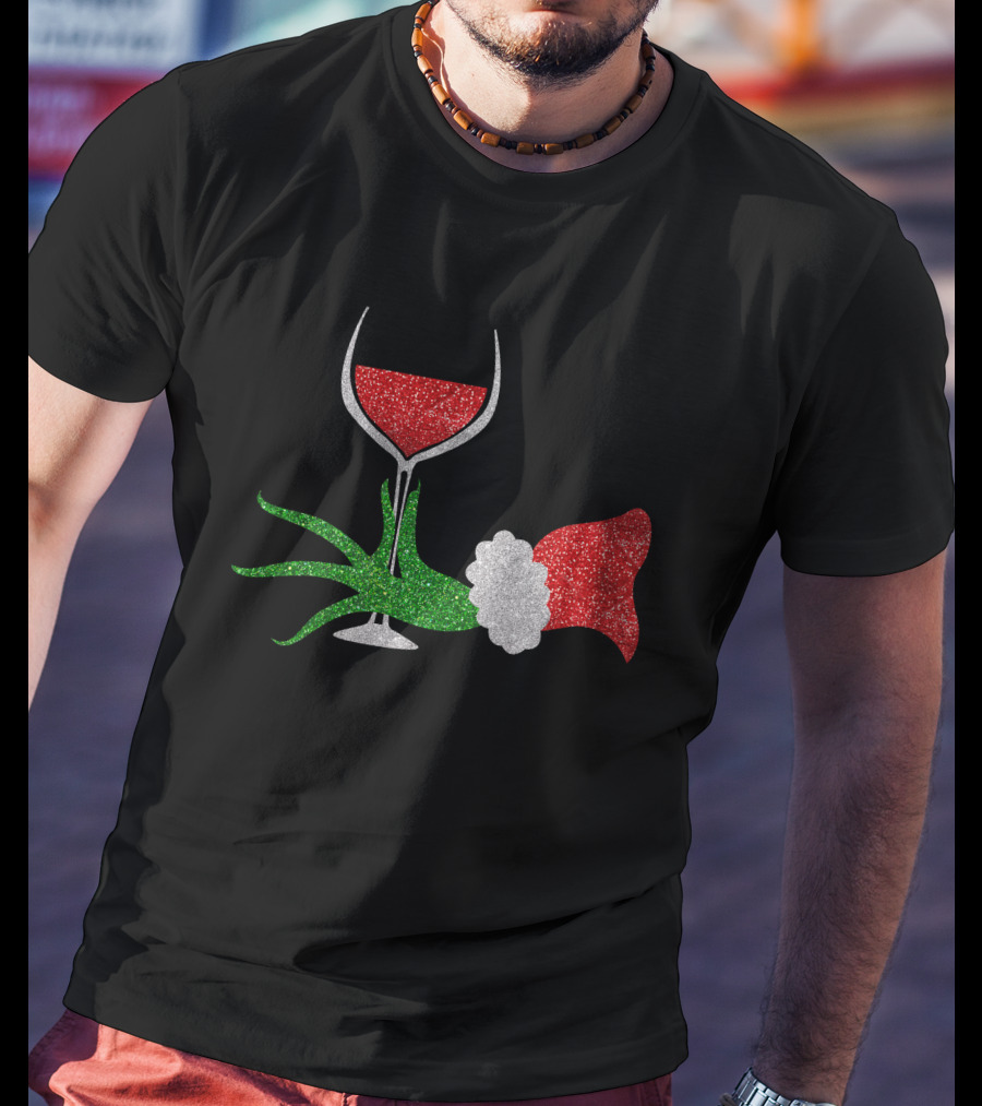 Grinch Hand Santa Hat Wine Glass Red Green Sparkle T-Shirt