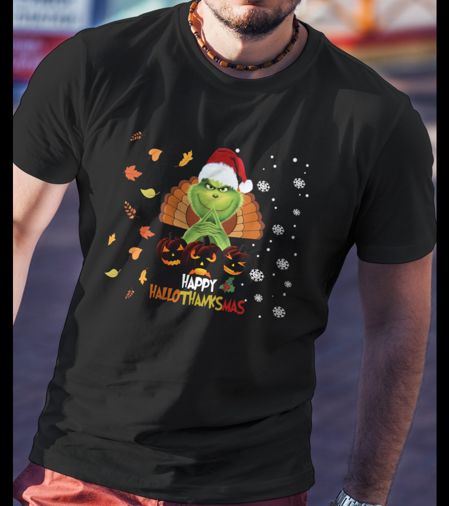 Grinch Happy Hallothanksmas Turkey Santa Hat Pumpkins Leaves Snowflakes T-Shirt