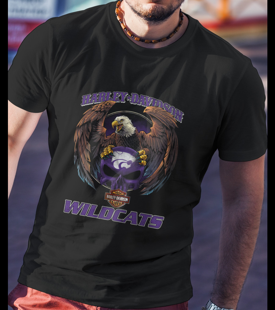 Harley Davidson Kansas State Wildcats Eagle And Skull Theme T-Shirt
