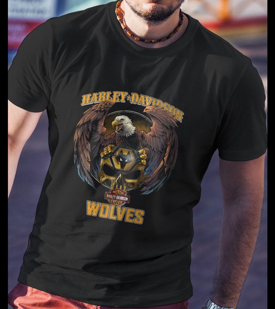 Harley Davidson Wolves Motor Cycles Eagle Shield T-Shirt