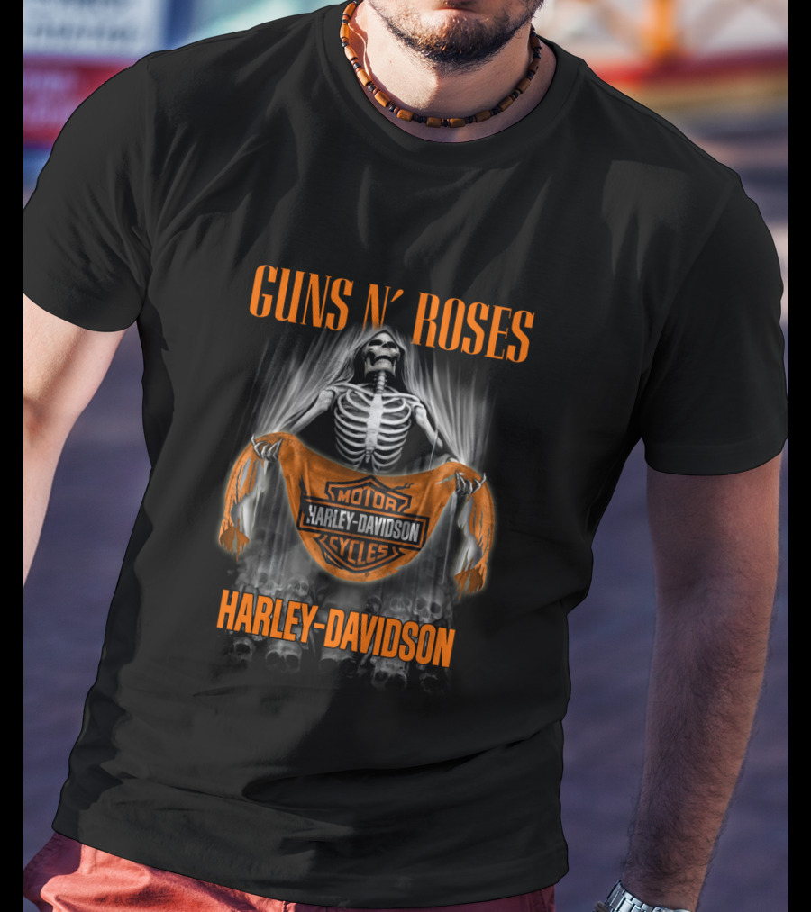 Guns N' Roses Harley Davidson Skeleton Holding Banner T-Shirt