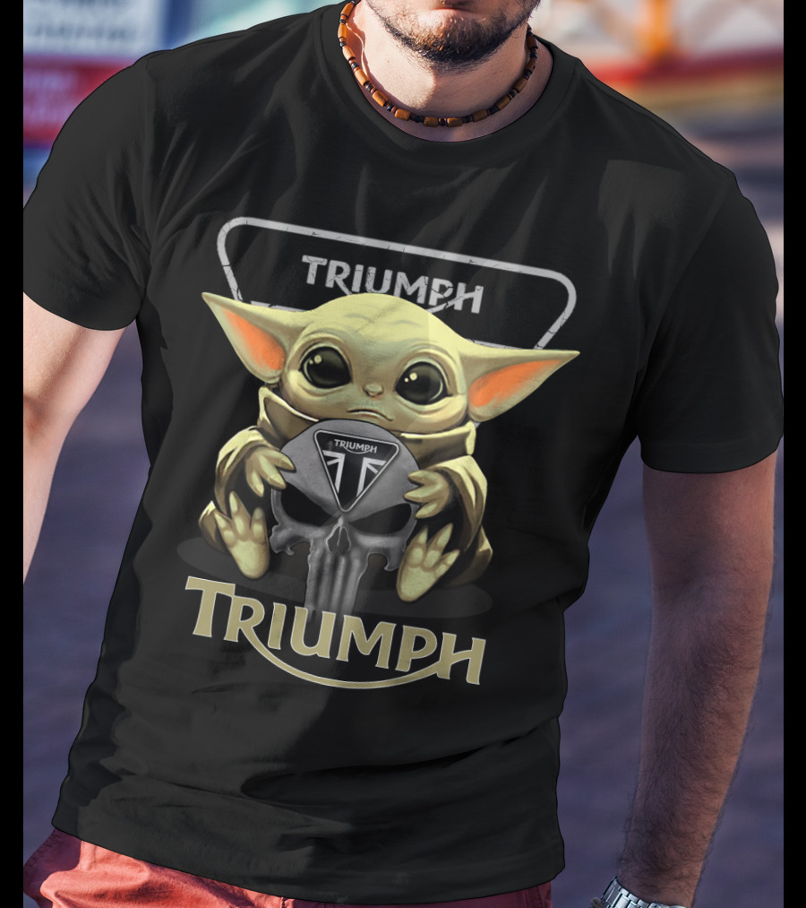 Triumph Motorcycles Baby Yoda Holding Triumph Skull T-Shirt