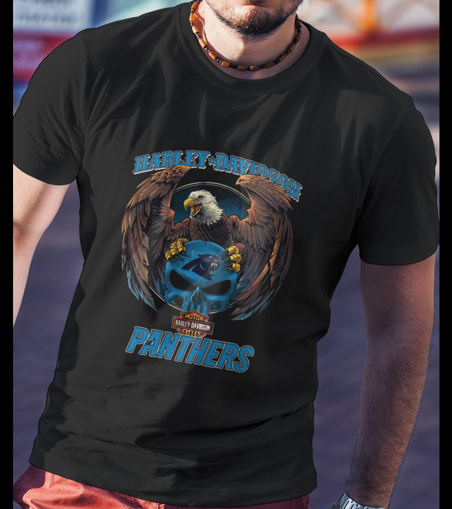 Harley Davidson Panthers Motorcycle Emblem With Eagle And Carolina Panthers T-Shirt