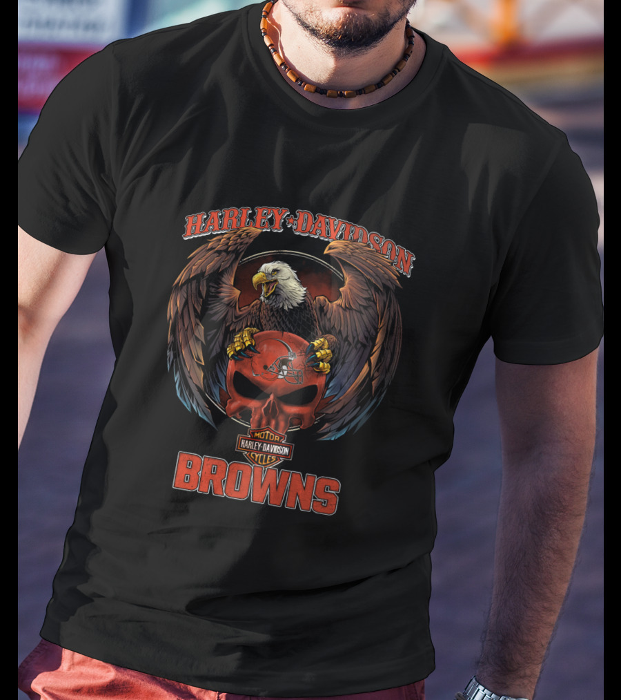 Harley Davidson Motorcycles Cleveland Browns Eagle Skull T-Shirt