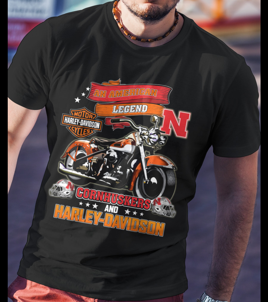 An American Legend Nebraska Cornhuskers And Harley Davidson Motorcycle Cycles T-Shirt