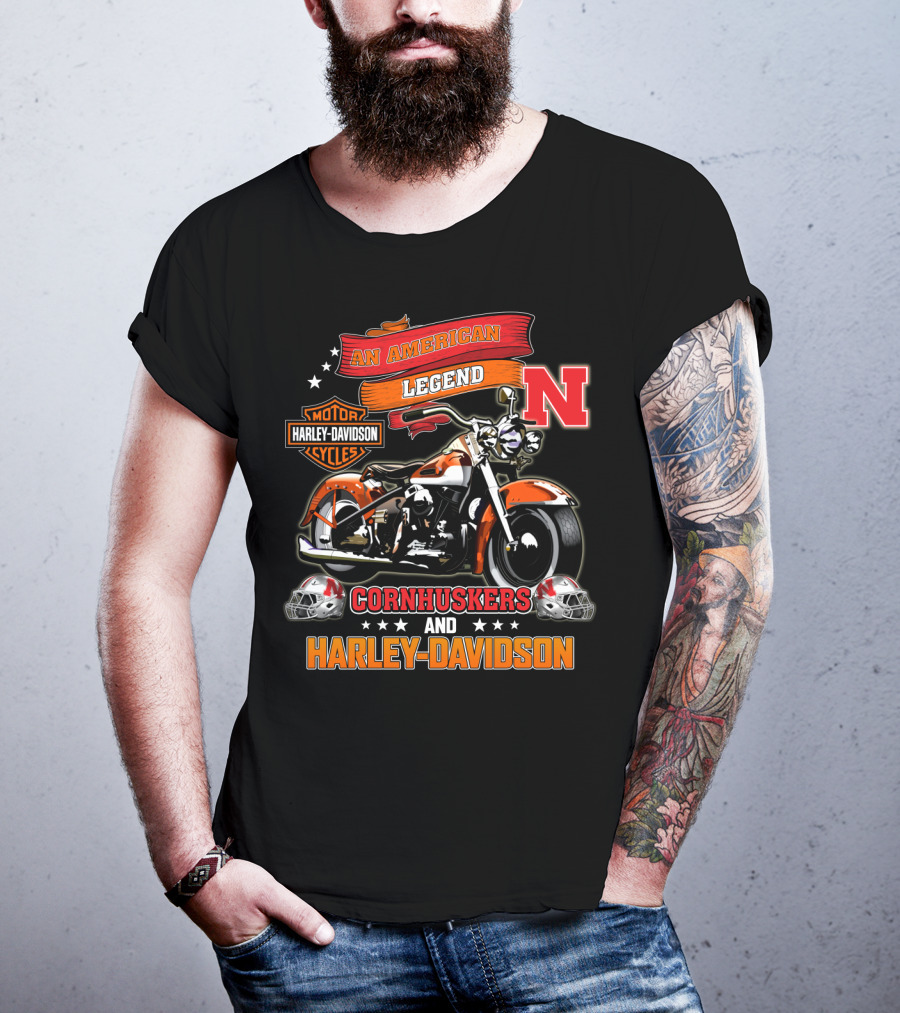 An American Legend Nebraska Cornhuskers And Harley Davidson Motorcycle Cycles T-Shirt