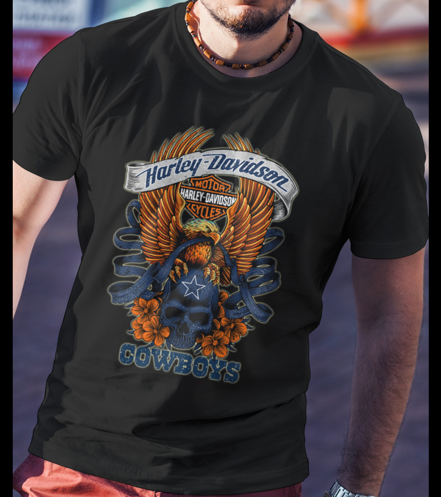 Harley Davidson Motor Cycles Eagle Skull Flowers Cowboys T-Shirt