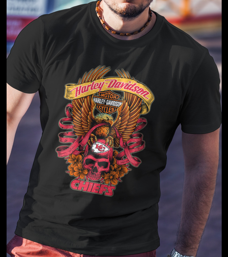 Harley Davidson Kansas City Chiefs Skull Eagle Flowers T-Shirt