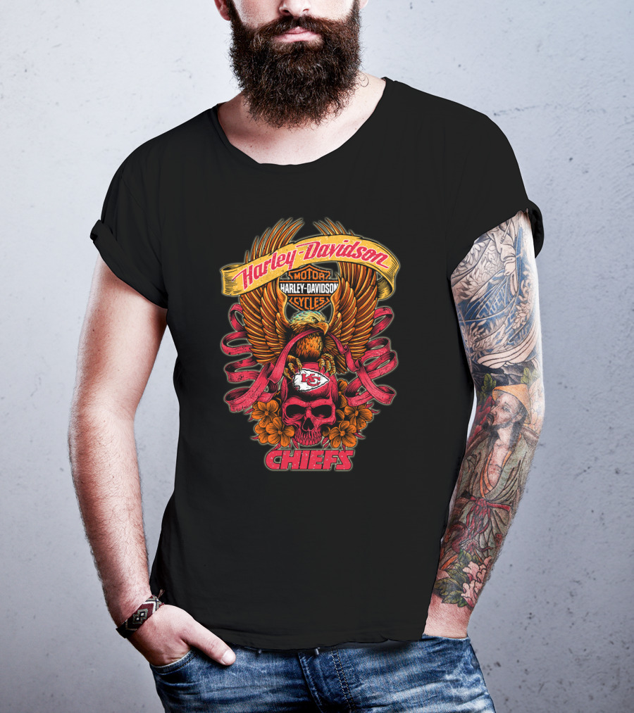 Harley Davidson Kansas City Chiefs Skull Eagle Flowers T-Shirt