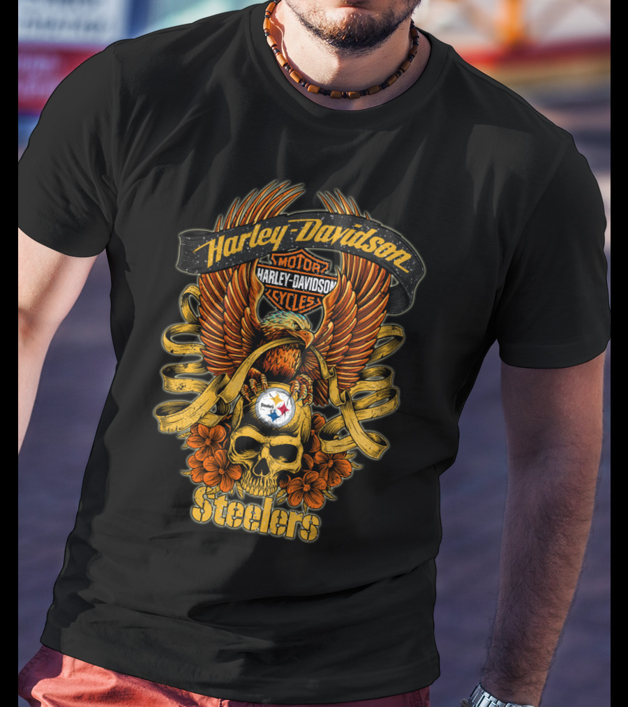 Harley Davidson Pittsburgh Steelers Nfl H5 Motorcycles Cycles Eagle Skull T-Shirt
