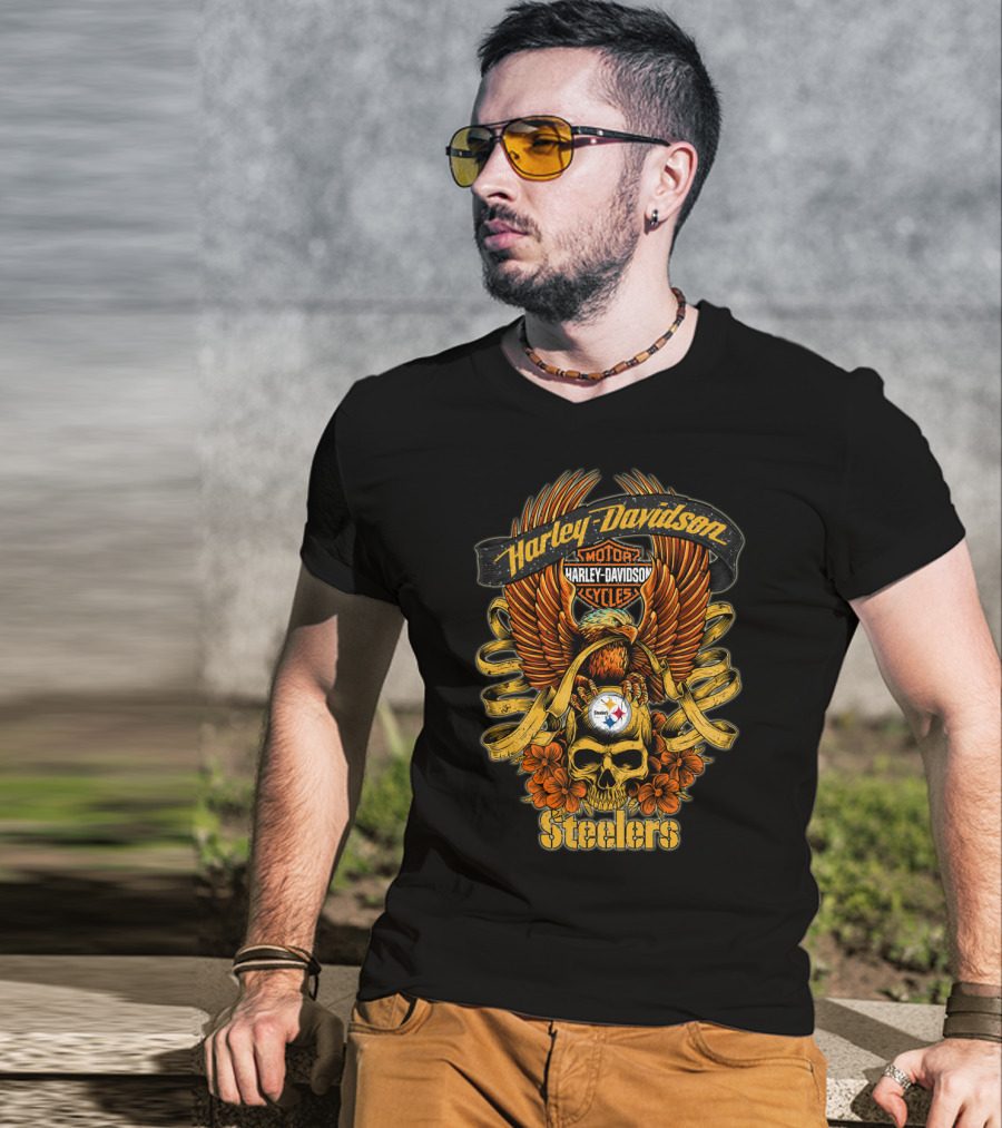 Harley Davidson Pittsburgh Steelers Nfl H5 Motorcycles Cycles Eagle Skull T-Shirt
