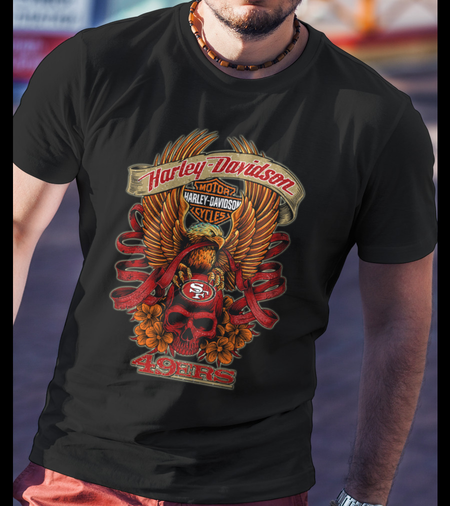 Harley Davidson San Francisco 49ers 49ers Eagle Skull Flowers T-Shirt