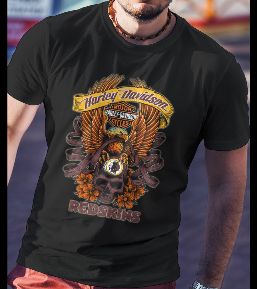 Harley Davidson Motor Cycles Redskins Eagle Skull Flowers T-Shirt