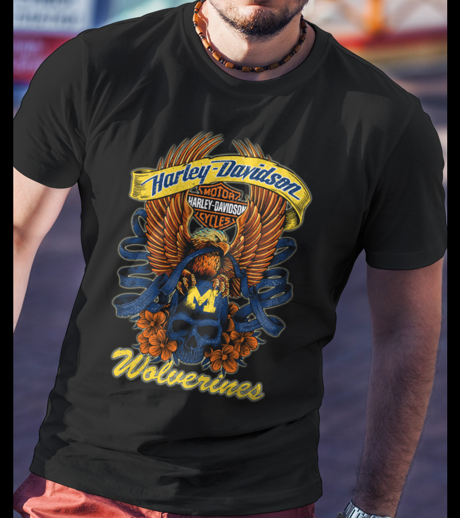 Wolverines Harley Davidson Michigan Motorcycles Eagle Skull T-Shirt