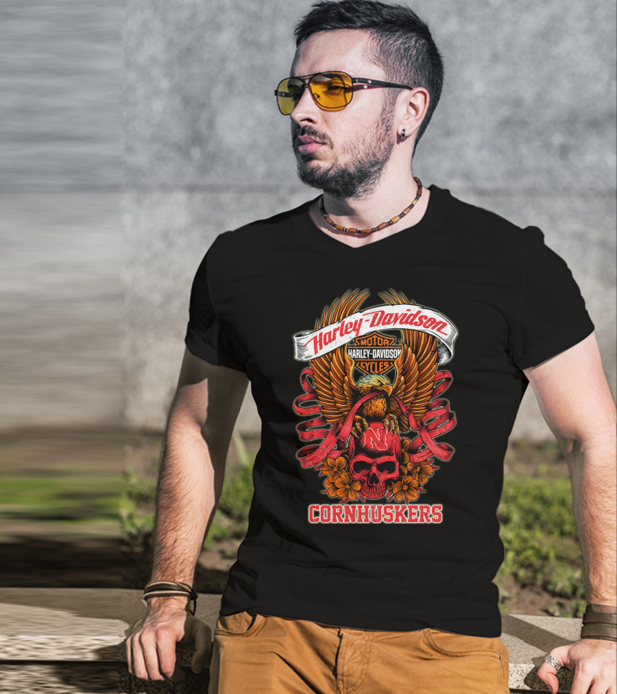 Harley Davidson Motor Cycles Nebraska Cornhuskers Eagle And Skull T-Shirt