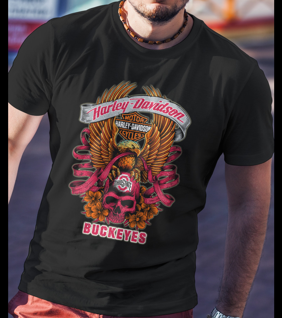 Harley Davidson Ohio State Buckeyes Skull And Eagle T-Shirt