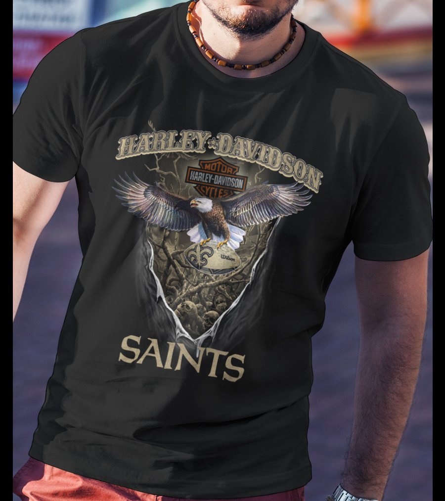 Harley Davidson Motor Cycles Eagle New Orleans Saints T-Shirt