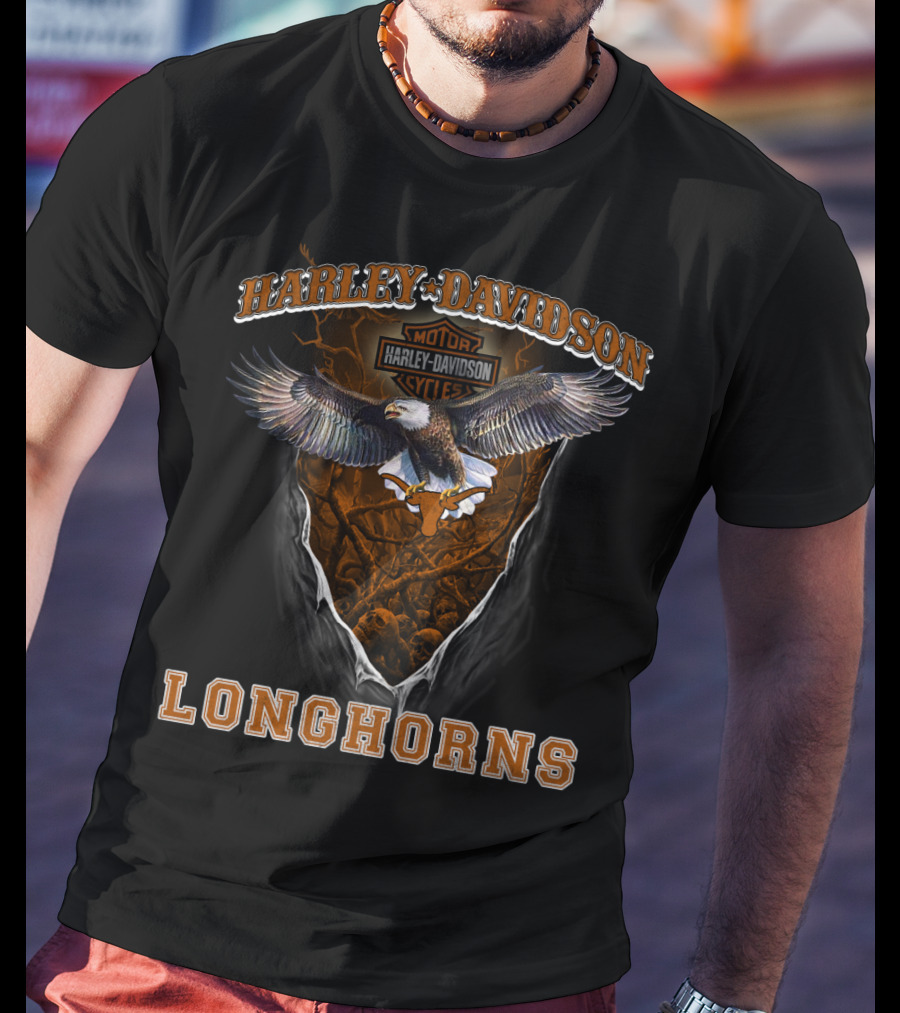 Harley Davidson Motorcycles Longhorns Eagle Motif T-Shirt
