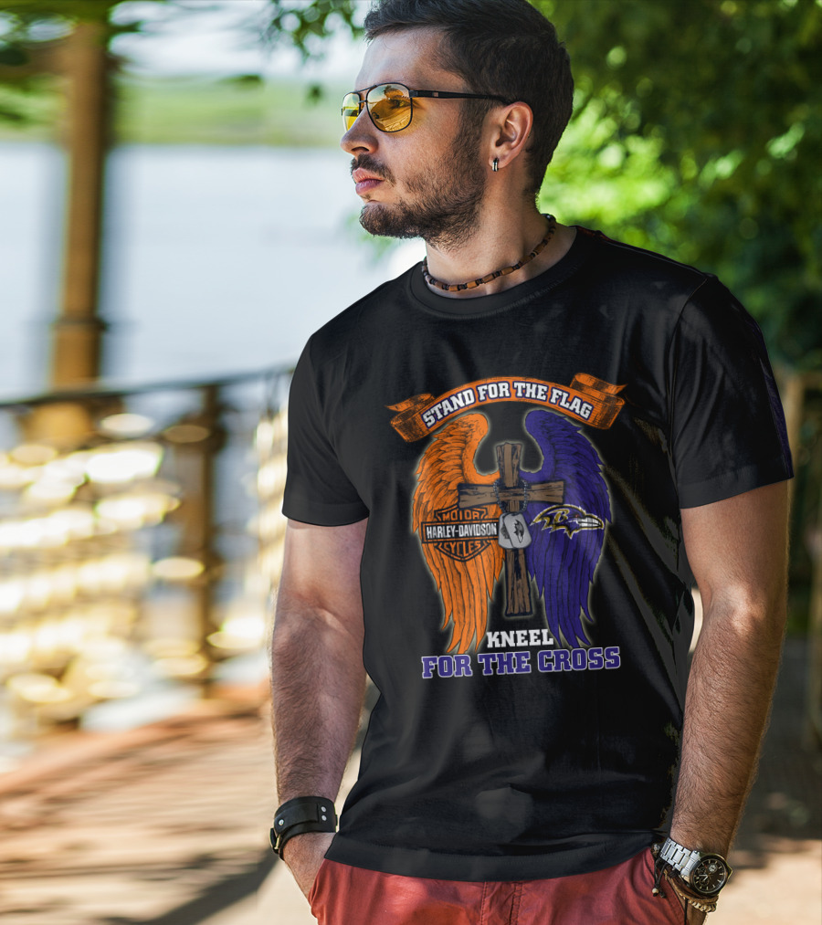 Stand For The Flag Kneel For The Cross Harley Davidson Motorcycles Baltimore Ravens T-Shirt