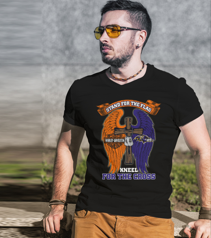 Stand For The Flag Kneel For The Cross Harley Davidson Motorcycles Baltimore Ravens T-Shirt