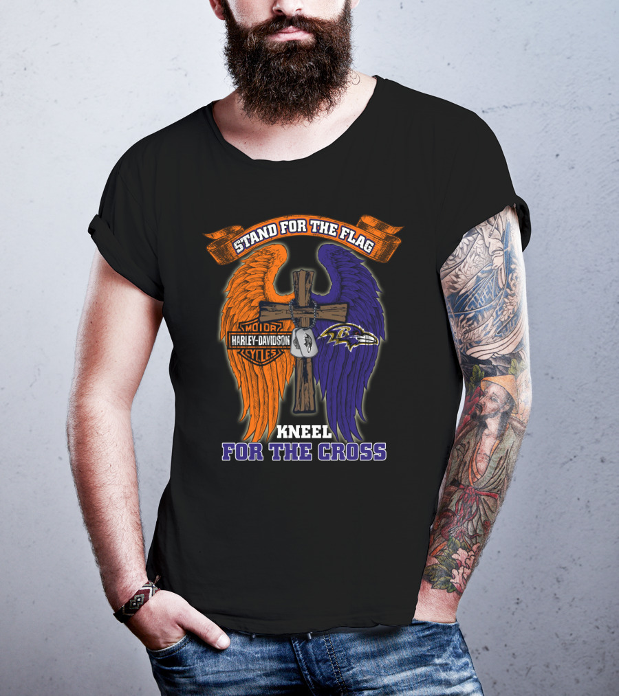 Stand For The Flag Kneel For The Cross Harley Davidson Motorcycles Baltimore Ravens T-Shirt