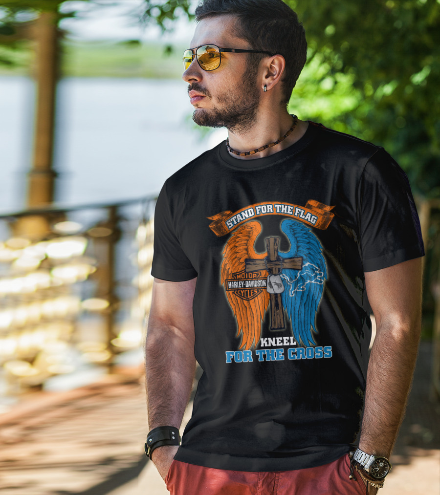 Stand For The Flag Kneel For The Cross Harley Davidson Detroit Lions T-Shirt