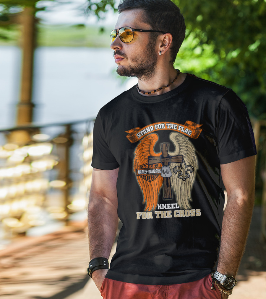 Stand For The Flag Kneel For The Cross Harley Davidson New Orleans Saints T-Shirt