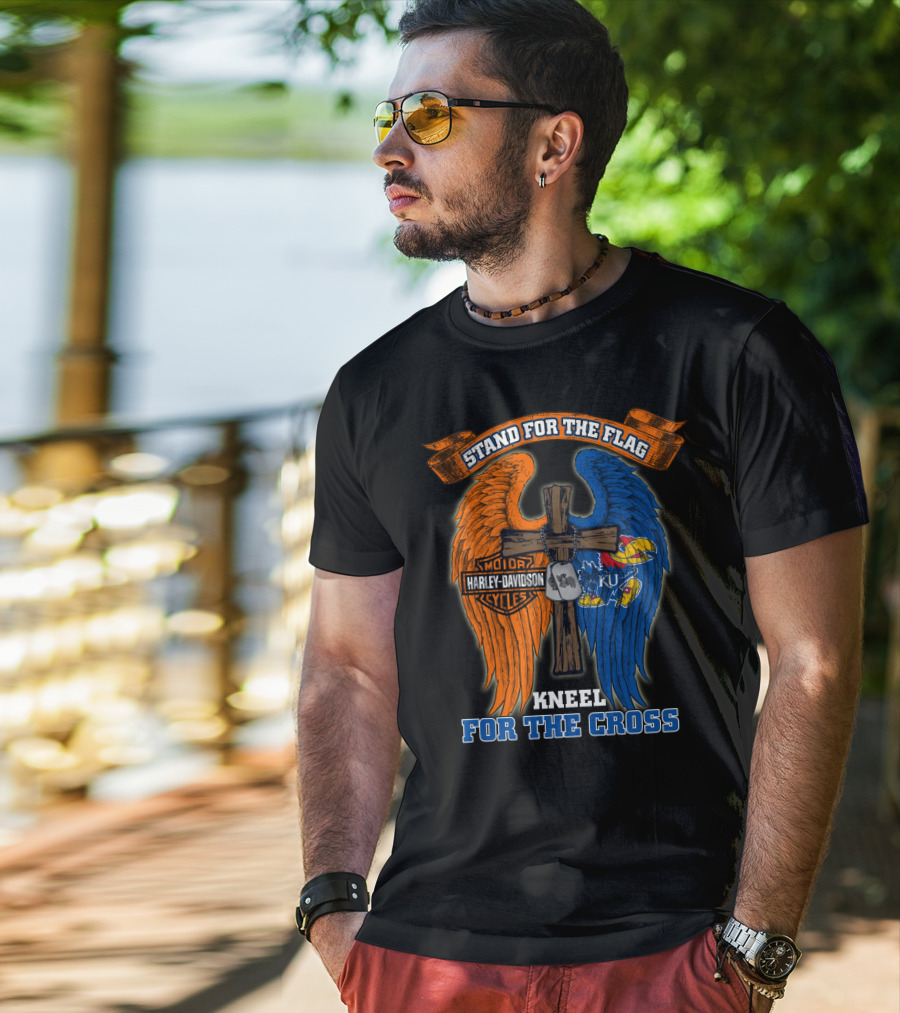 Stand For The Flag Kneel For The Cross Harley Davidson Motorcycles Kansas Jayhawks Ku T-Shirt