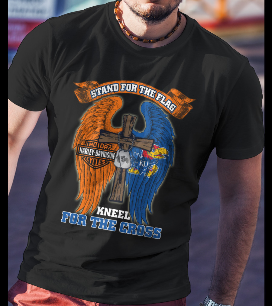 Stand For The Flag Kneel For The Cross Harley Davidson Motorcycles Kansas Jayhawks Ku T-Shirt