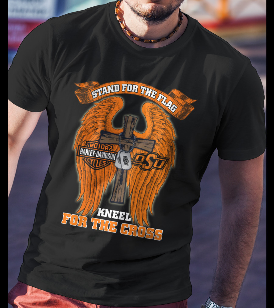 Stand For The Flag Kneel For The Cross Harley Davidson Osu Oklahoma State Cowboys T-Shirt