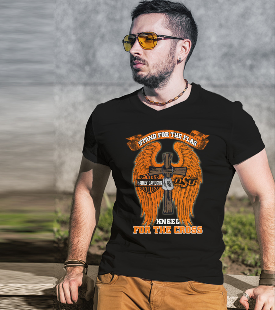 Stand For The Flag Kneel For The Cross Harley Davidson Osu Oklahoma State Cowboys T-Shirt