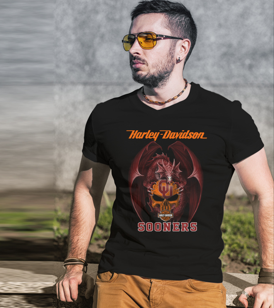 Harley Davidson Motorcycle Cycles Oklahoma Sooners Dragon T-Shirt