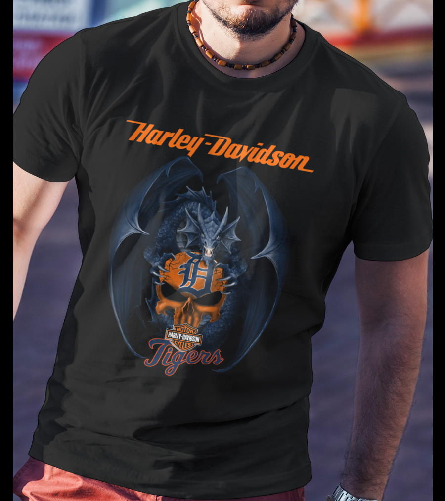 Harley Davidson Detroit Tigers Dragon Motor Cycles T-Shirt