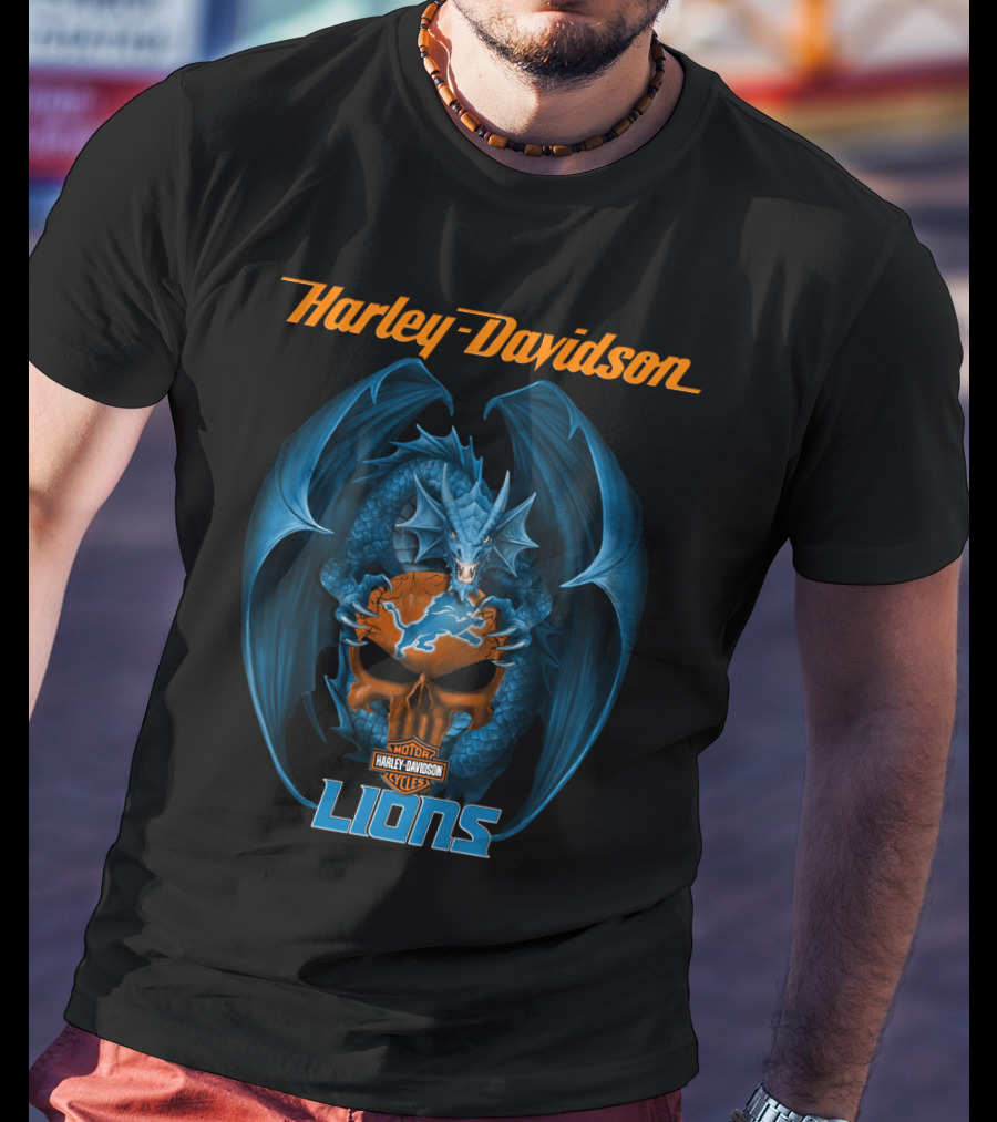 Harley Davidson Detroit Lions Blue Dragon Skulls T-Shirt