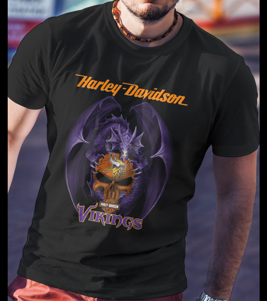 Harley Davidson Minnesota Vikings Dragon Skull Nfl T-Shirt