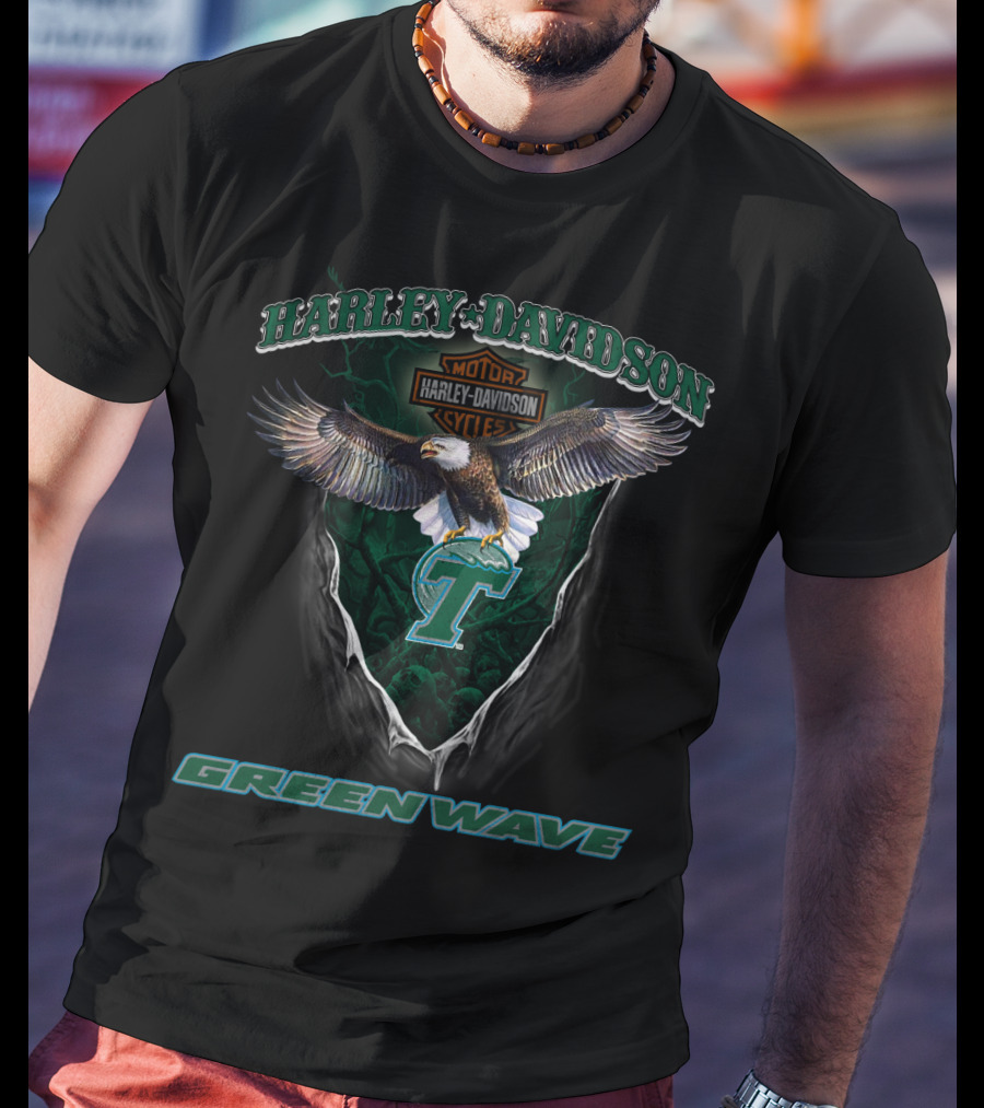 Harley Davidson Tulane Green Wave Eagle Logo Motorcycle Cycle T-Shirt