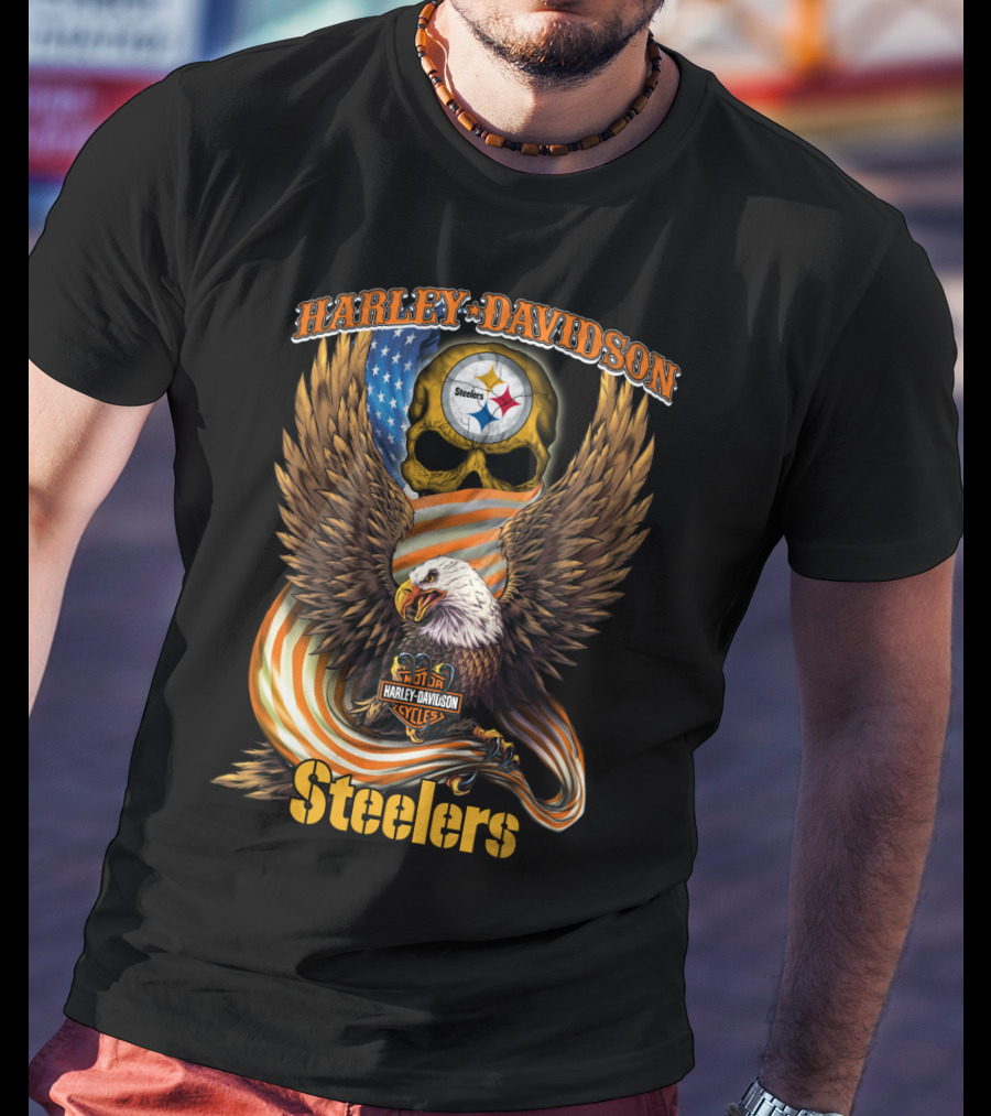 Harley Davidson Steelers Skull Eagle American Flag Pittsburgh Nfl T-Shirt