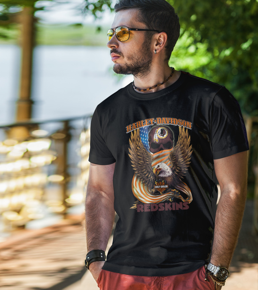 Harley Davidson Cycles Redskins Eagle And Skull Icon With American Flag T-Shirt