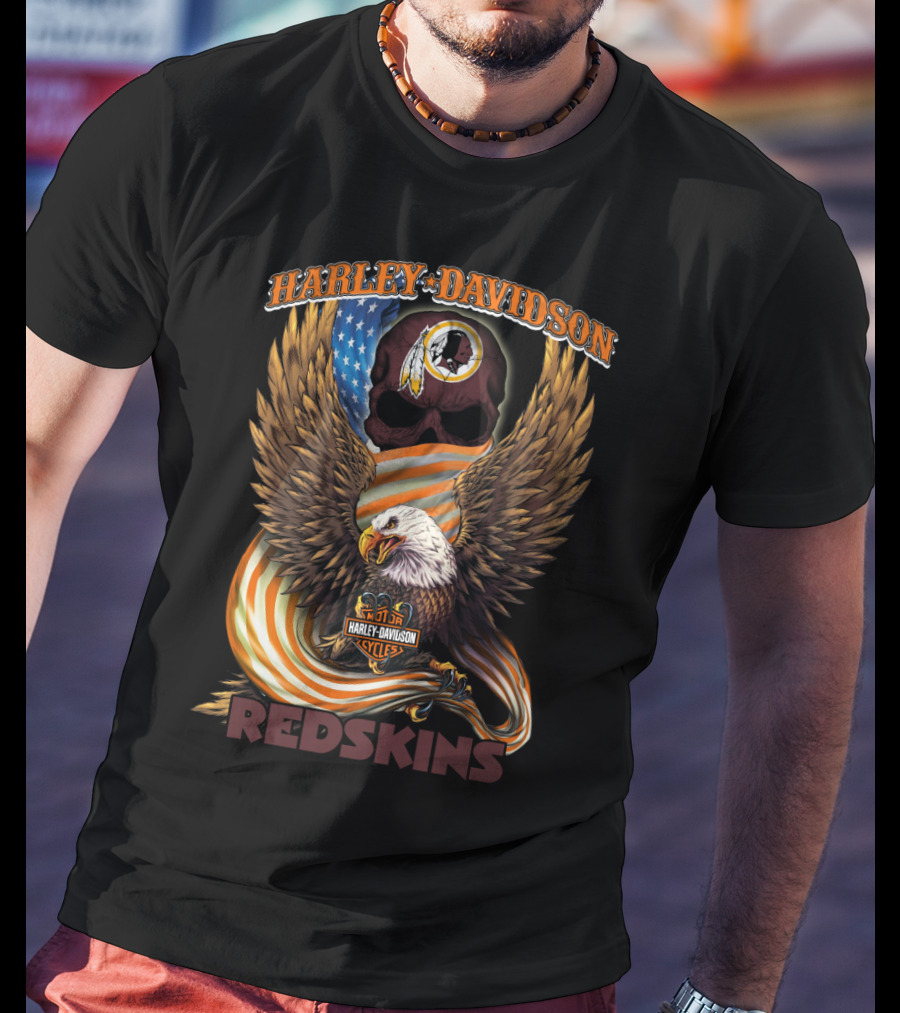 Harley Davidson Cycles Redskins Eagle And Skull Icon With American Flag T-Shirt