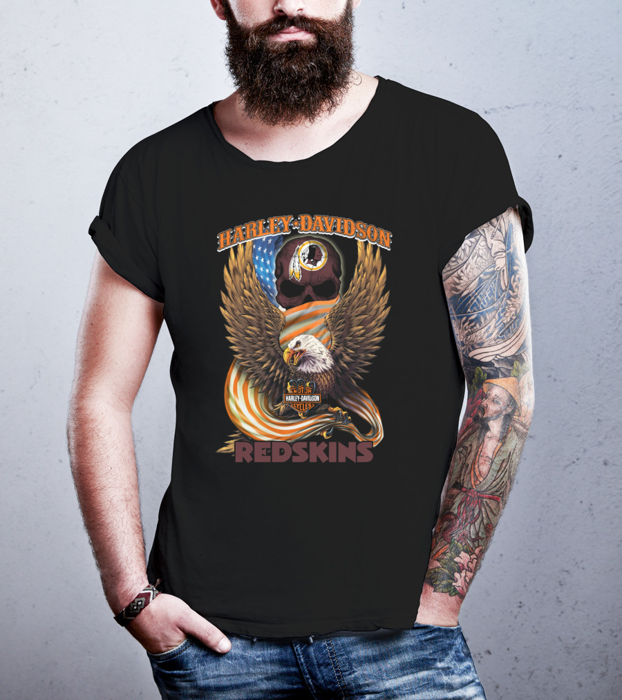 Harley Davidson Cycles Redskins Eagle And Skull Icon With American Flag T-Shirt