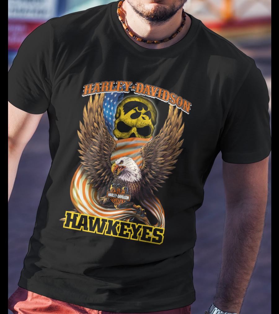 Harley Davidson Iowa Hawkeyes Skull Eagle Cycles Flag T-Shirt