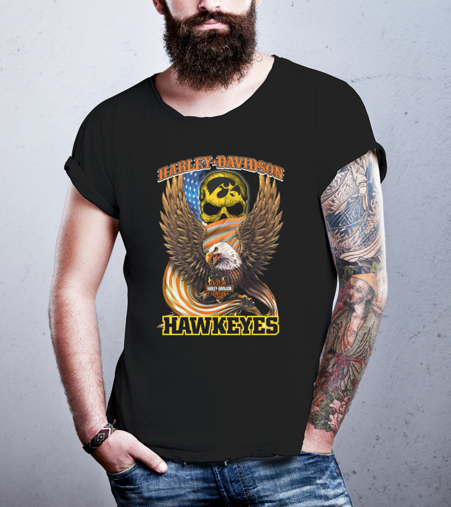 Harley Davidson Iowa Hawkeyes Skull Eagle Cycles Flag T-Shirt
