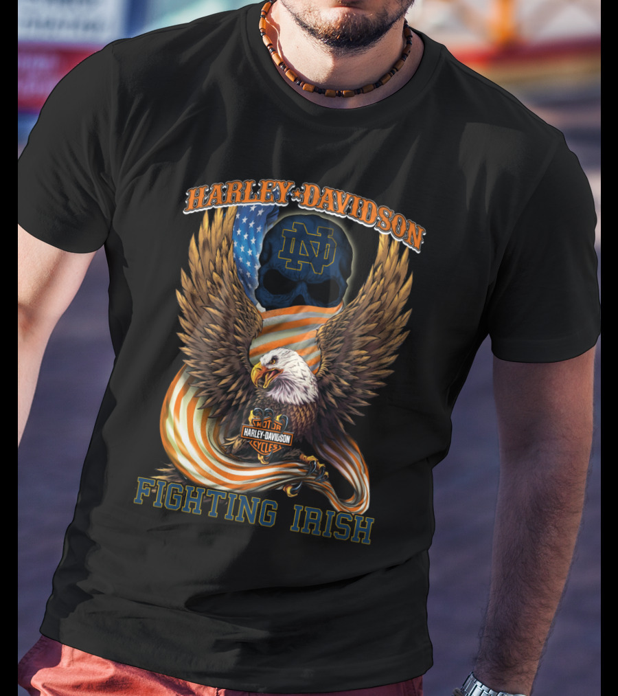 Harley Davidson Notre Dame Fighting Irish Eagle American Flag T-Shirt