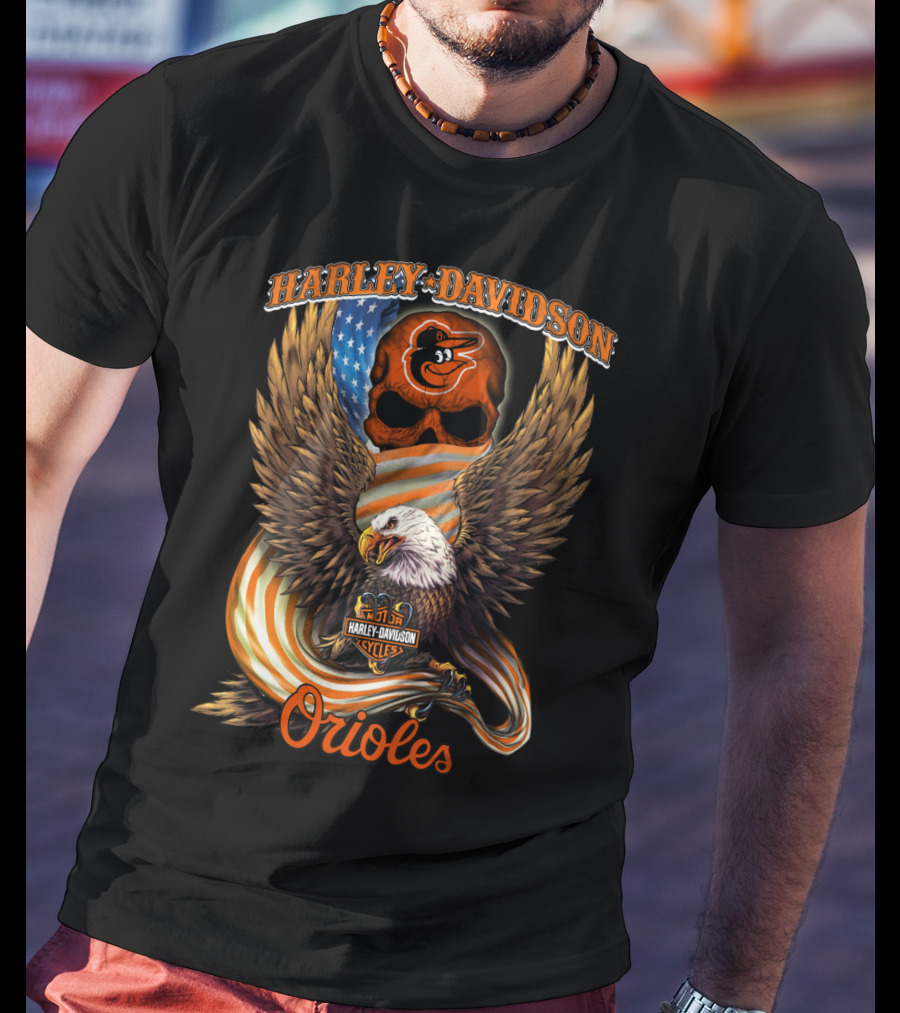 Harley Davidson Cycles Orioles Baltimore Orioles Eagle American Flag T-Shirt