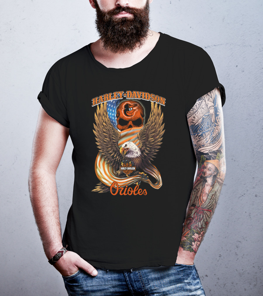 Harley Davidson Cycles Orioles Baltimore Orioles Eagle American Flag T-Shirt