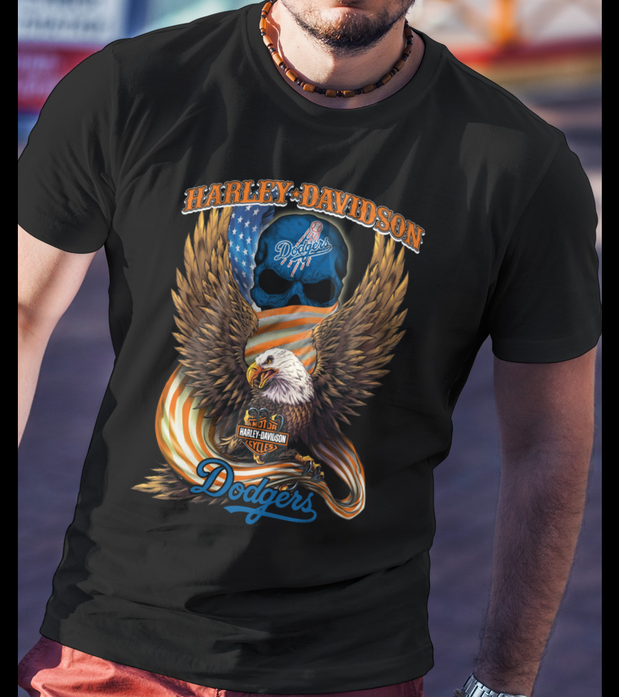 Harley Davidson Dodgers Mlb Skull Eagle American Flag Cycles Dodgers T-Shirt